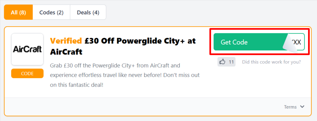 The Love Discount Vouchers page shows AirCraft promo codes and offers to use on your purchase