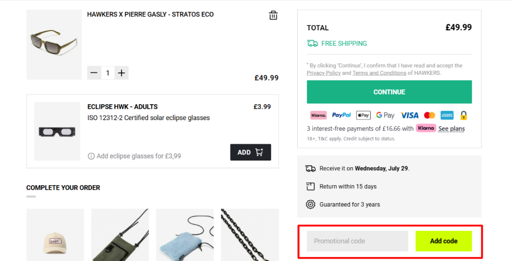 Applying a Hawkers promo code in the shopping cart to save money.
