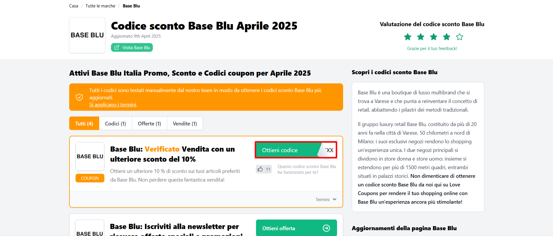 codice sconto Base Blu situato nella lista, da poter prelevare per risparmiare su diversi articoli