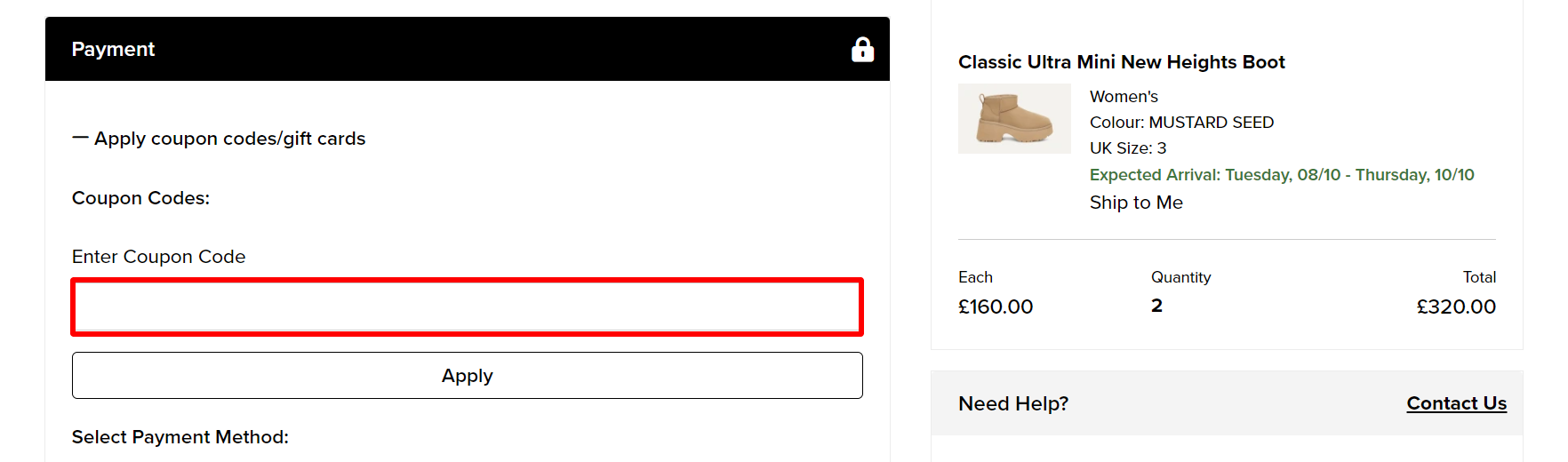 The checkout page showing where to apply your discount code