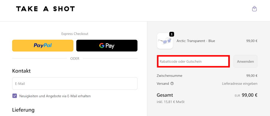 Check-out von Take A Shot mit einem rotmarkierten Eingabefeld für einen Rabattcode
