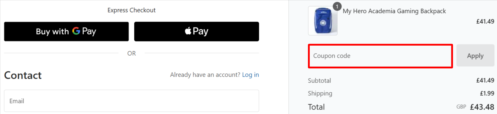The checkout page showing where to apply your 365games promo code