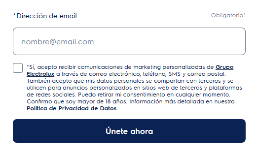 imagen del boletín de suscripción de electrolux en la web