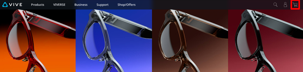The HTC VIVE website and shopping cart highlighted with a red box