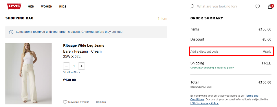 Levi's discount code box under the order summary