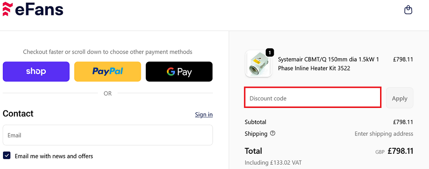 image showing the eFans checkout page