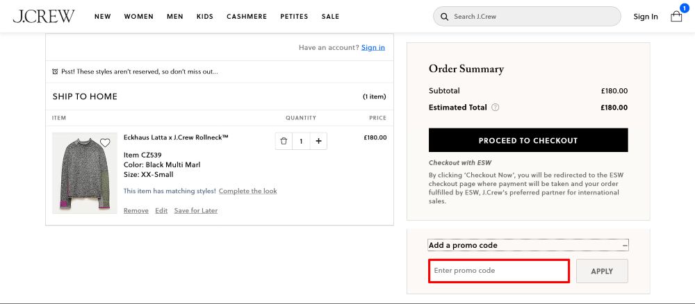 The checkout page for J.Crew, where you paste the code