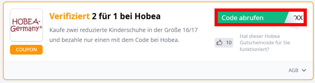 Angaben zu einem Rabattcode von Hobea mit einer rotmarkiertem grünen Schalffläche