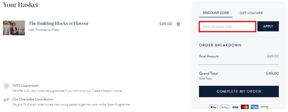 The Create Academy shopping basket page with where to paste the Create Academy voucher code in a red box.