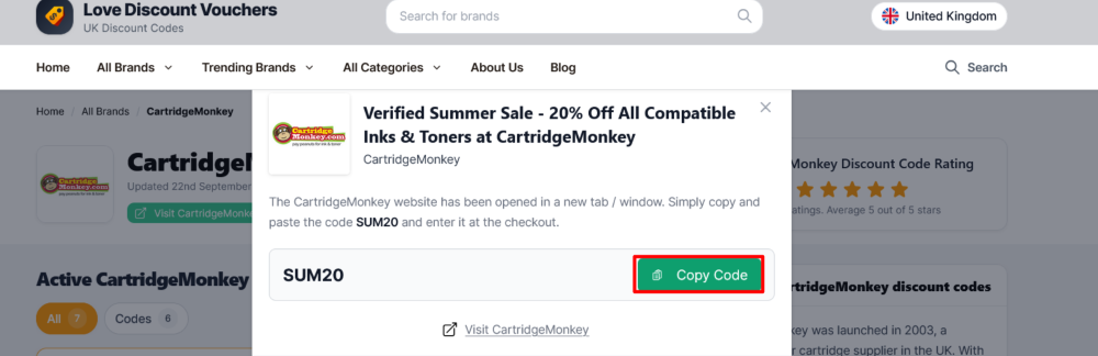 The page where you copy a CartridgeMonkey code