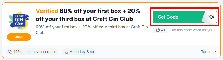 A Craft Gin Club discount code with "Get Code" in a red box.