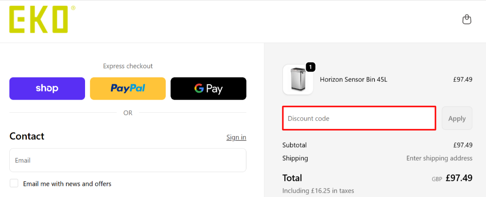 The EKO Home checkout page with where to paste the EKO Home voucher code in a red box