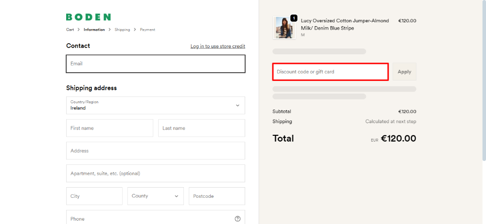 Boden discount code place highlighted by a red box