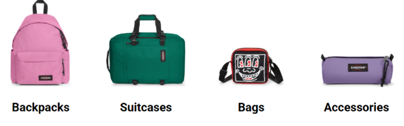 Eastpak categories are listed on a white background