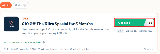 get your £10 Off The Klira Special for 3 Months at Klira