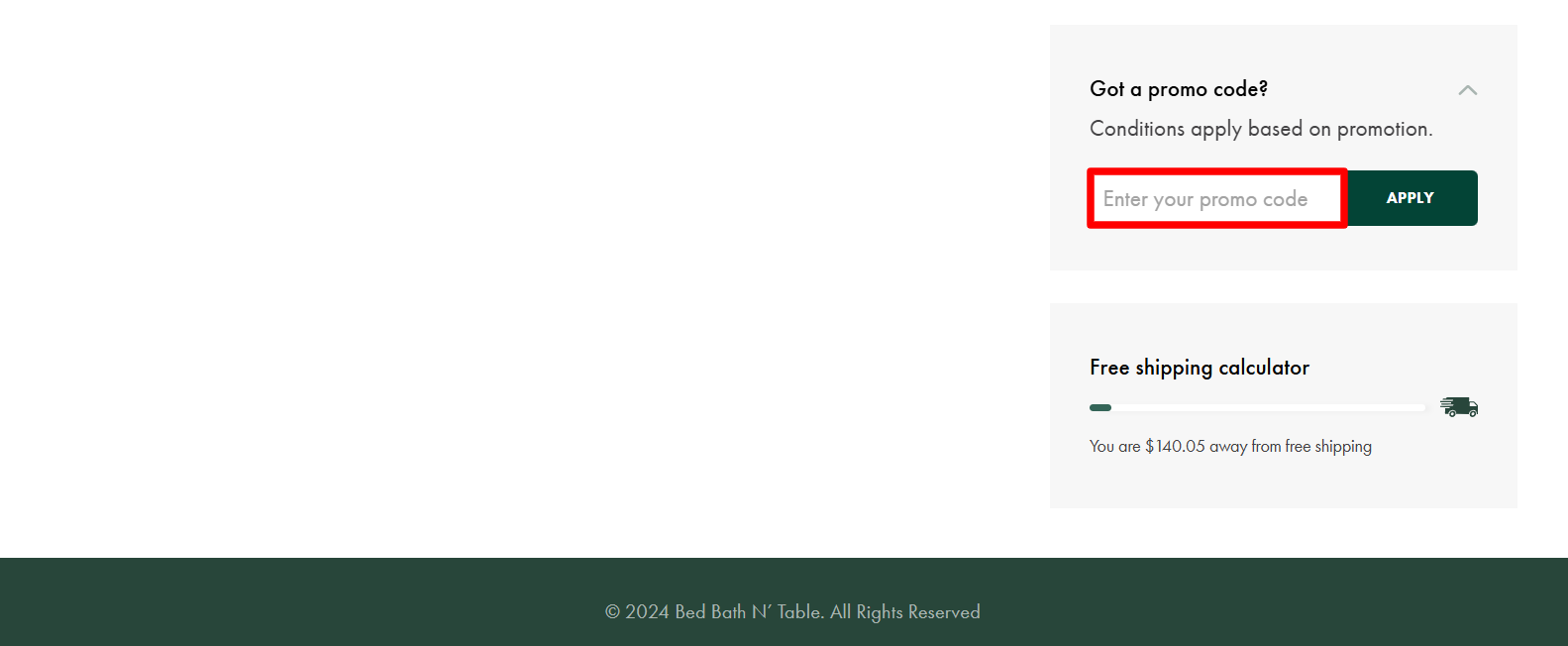 The Bed Bath N' Table checkout page with the discount code box highlighted with a red box