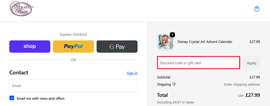 image showing the Craft Buddy Shop checkout page