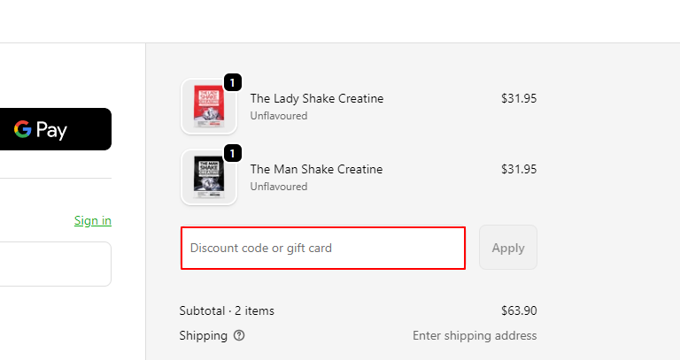 The Lady Shake checkout page with products in cart and a red box around the discount code box