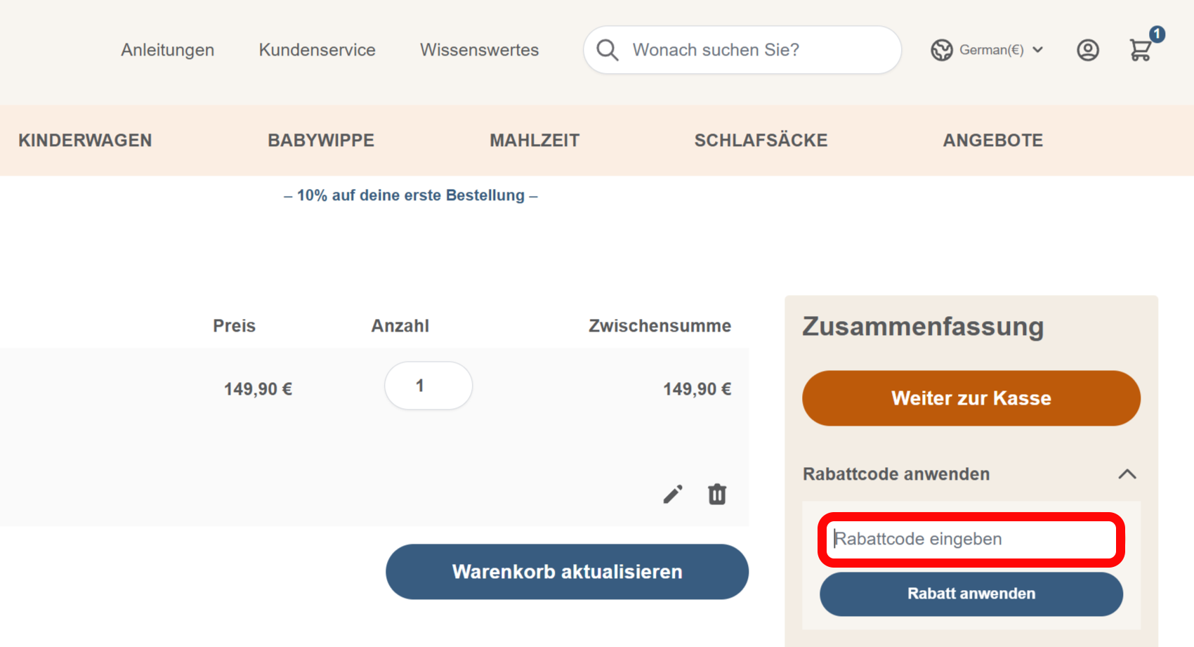 Warenkorb von Ergobaby mit einem rotmarkiertem Eingabfeld für einen Gutscheincode