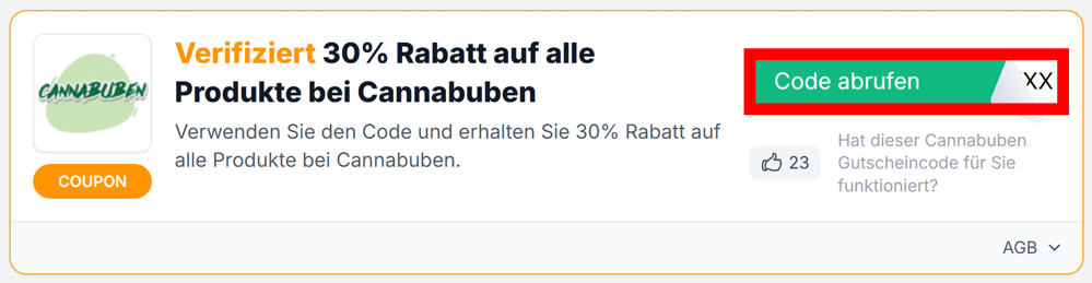 Angaben zu einem Rabattcode für Cannabuben mit einem rotmarkiertem grünen Button