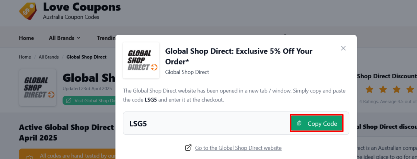 Global Shop Direct page on Love Coupons where to copy your code
