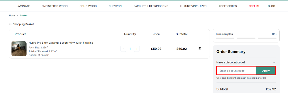 Applying a Flooring Surgeons promo code at checkout into the offer code box