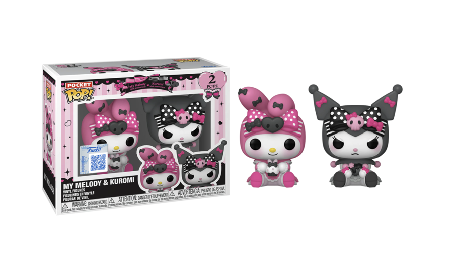 Zwei Funko-Pop Figuren mit Verpackung in Pink und Schwarz
