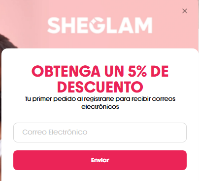 imagen de la web de sheglam de descuento suscripción del boletín informativo