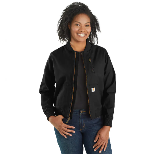 Jackets for fall and winter: A model wearing the black women’s bomber jacket