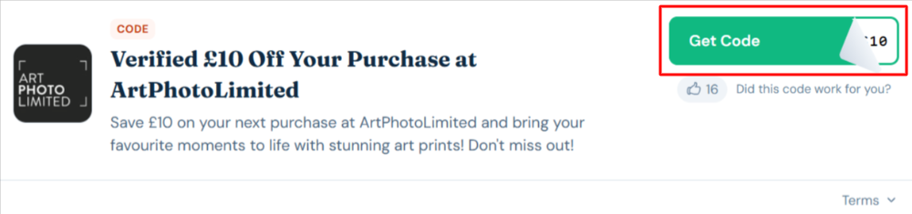A ArtPhotoLimited voucher code with "Get Code" in a red box