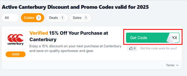 The Love Discount Vouchers page shows Canterbury promo codes and offers to use on your purchase