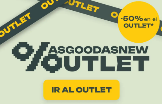 imagen verde y amarilla del outlet de la marca con ofertas de asgoodasnew