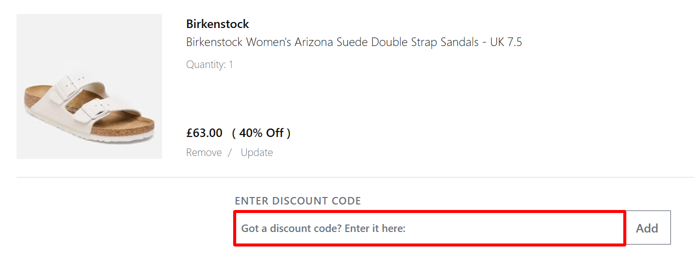 The checkout page showing where to apply your AllSole voucher code