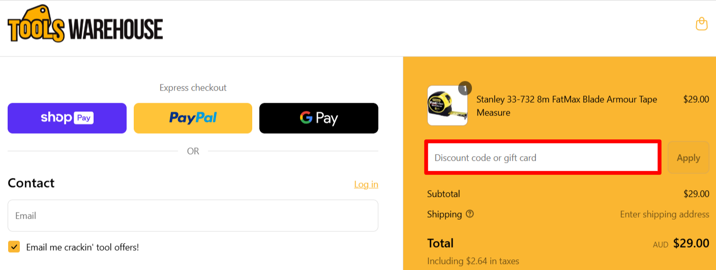 The Tools Warehouse checkout page with the promo code box highlighted with a red box