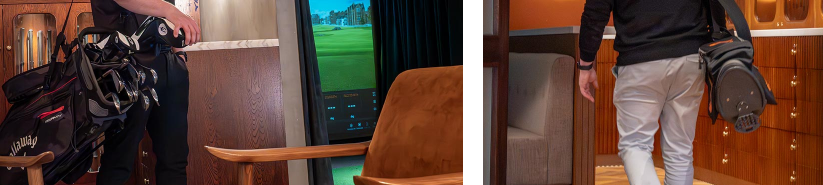 Two men standing with golf bags and clubs in a brown wood room