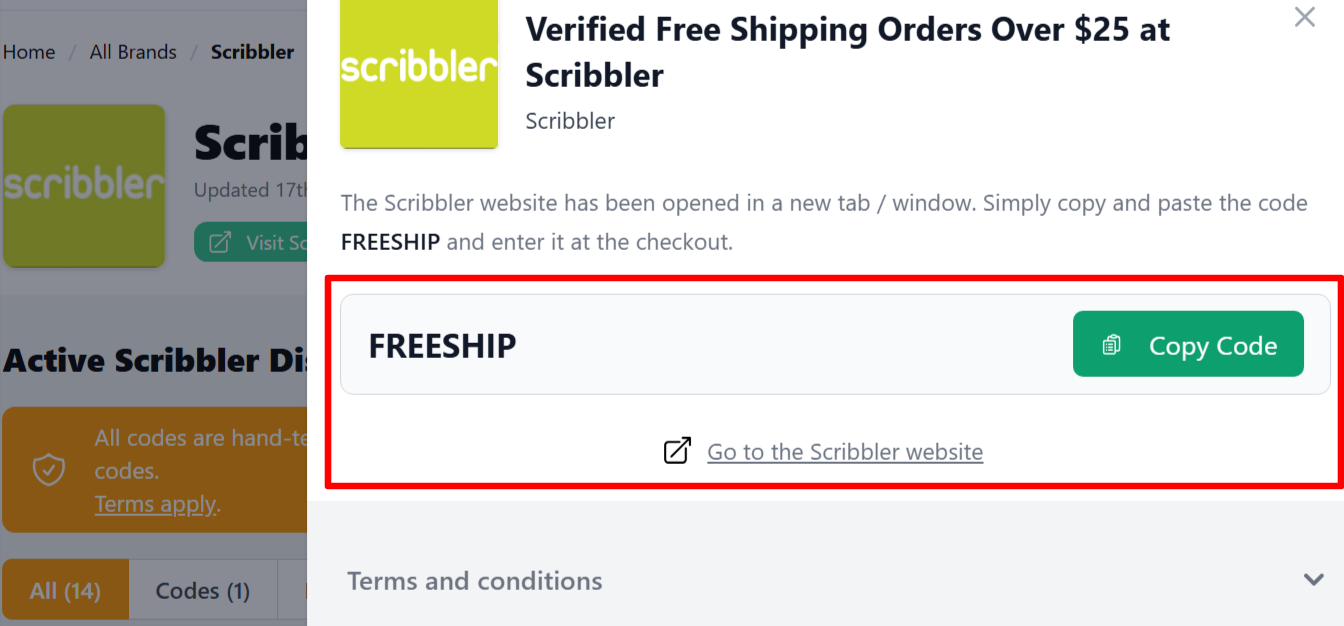 A Scribbler discount code on an onscreen page on our site