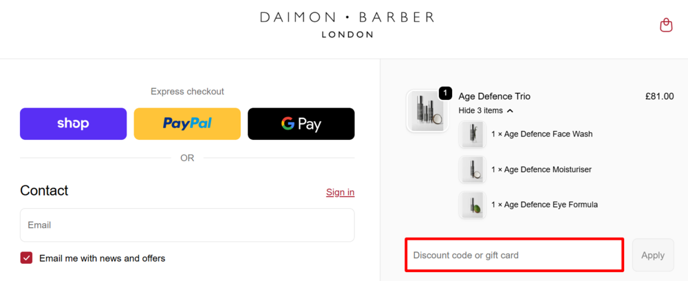 The Daimon Barber checkout page with where to paste the Daimon Barber voucher code in a red box.