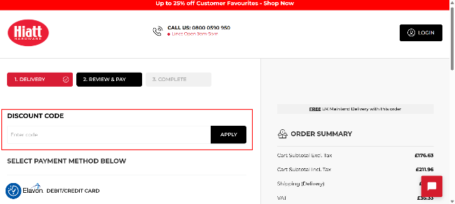 The checkout page showing where to apply your discount code