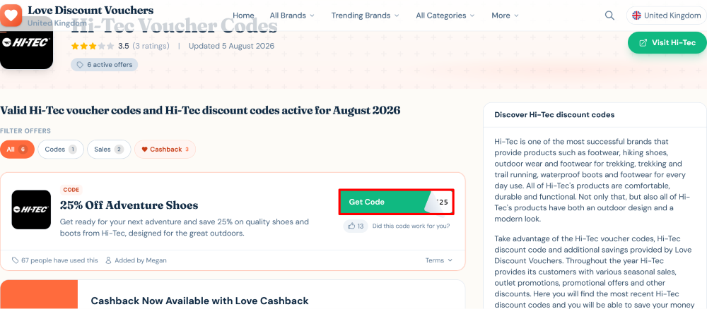 Hi-Tec Love Discount Vouchers page where a discount code is copied