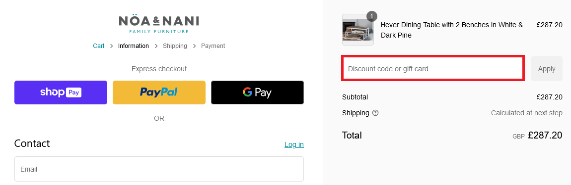Image showing the discount code box, bordered in red