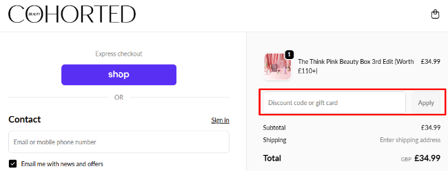 A box where you can add your Cohorted promo code to redeem it