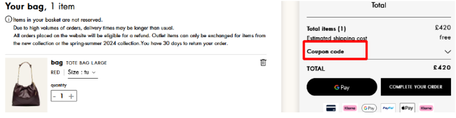 coupon code box where you can enter your code from Love Discount Vouchers