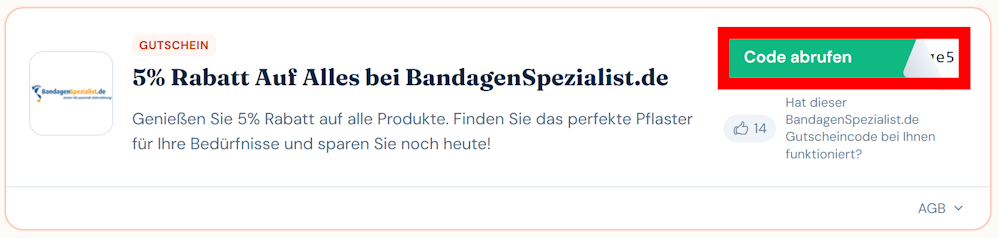 Angaben zu einem Rabattcode für BandagenSpezialist.de mit rotmarkiertem grünen Button