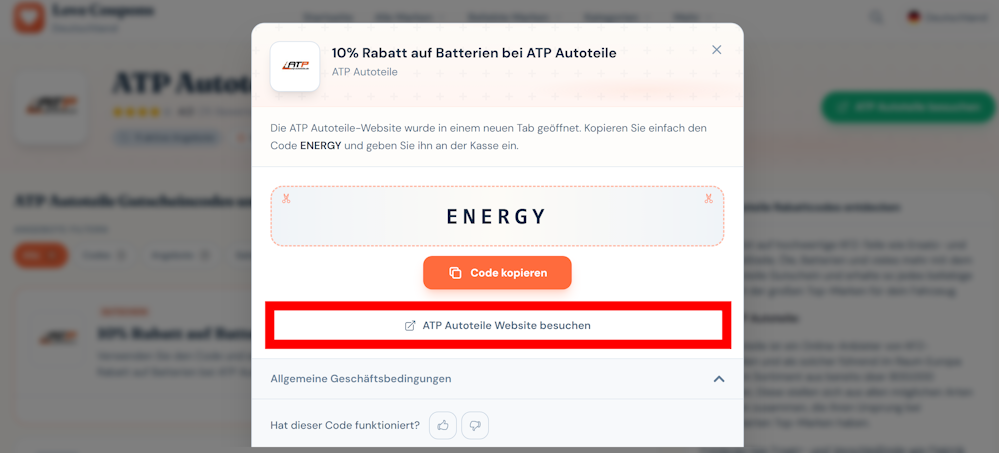 Ein offener Rabattcode für ATP Autoteile mit rotmarkiertem Link