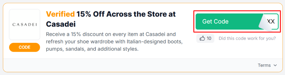 A Casadei voucher code with "Get Code" in a red box