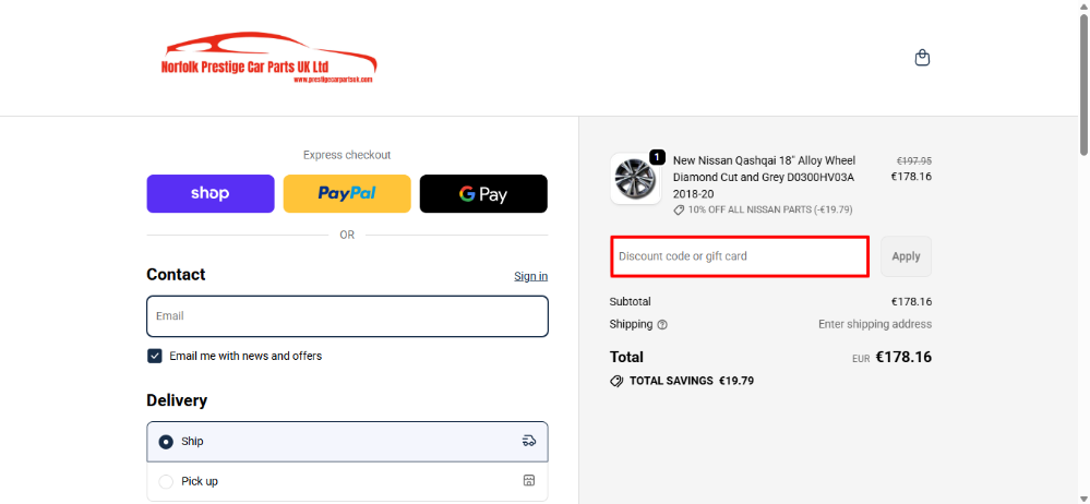 Norfolk Prestige Car Parts UK discount code place during the checkout process
