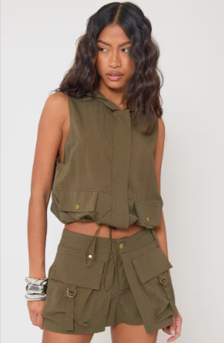 An EGO mid-rise oversized pocket detail cargo mini skort and vest top in khaki green