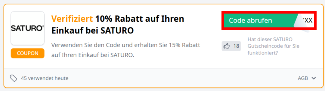Angaben zu einem Gutschein von SATURO mit einem rotumrandetem Abruf-Button