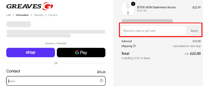 Greaves Sports checkout page with a highlighted red code box