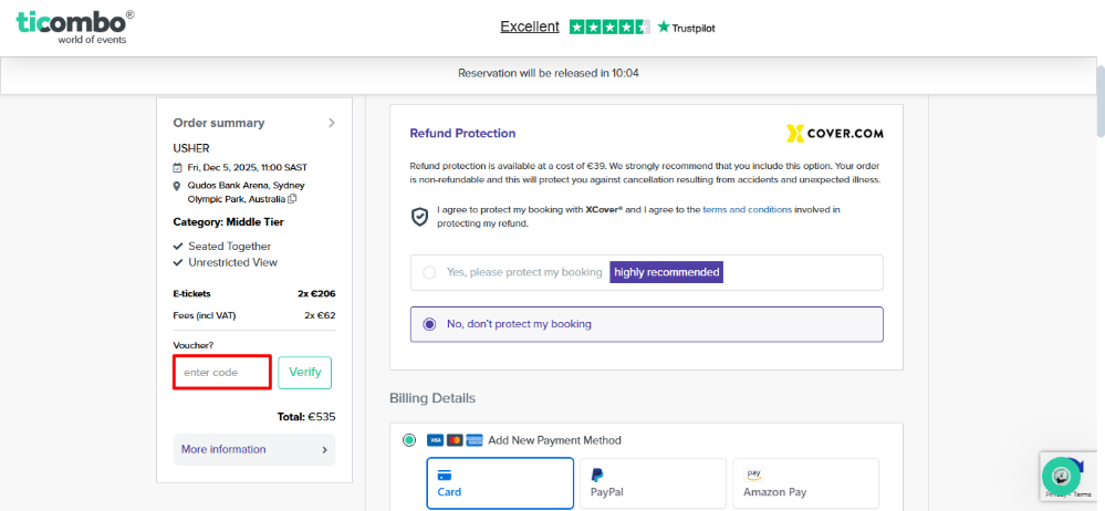 Payment page where you will apply your Ticombo promo code to the order summary